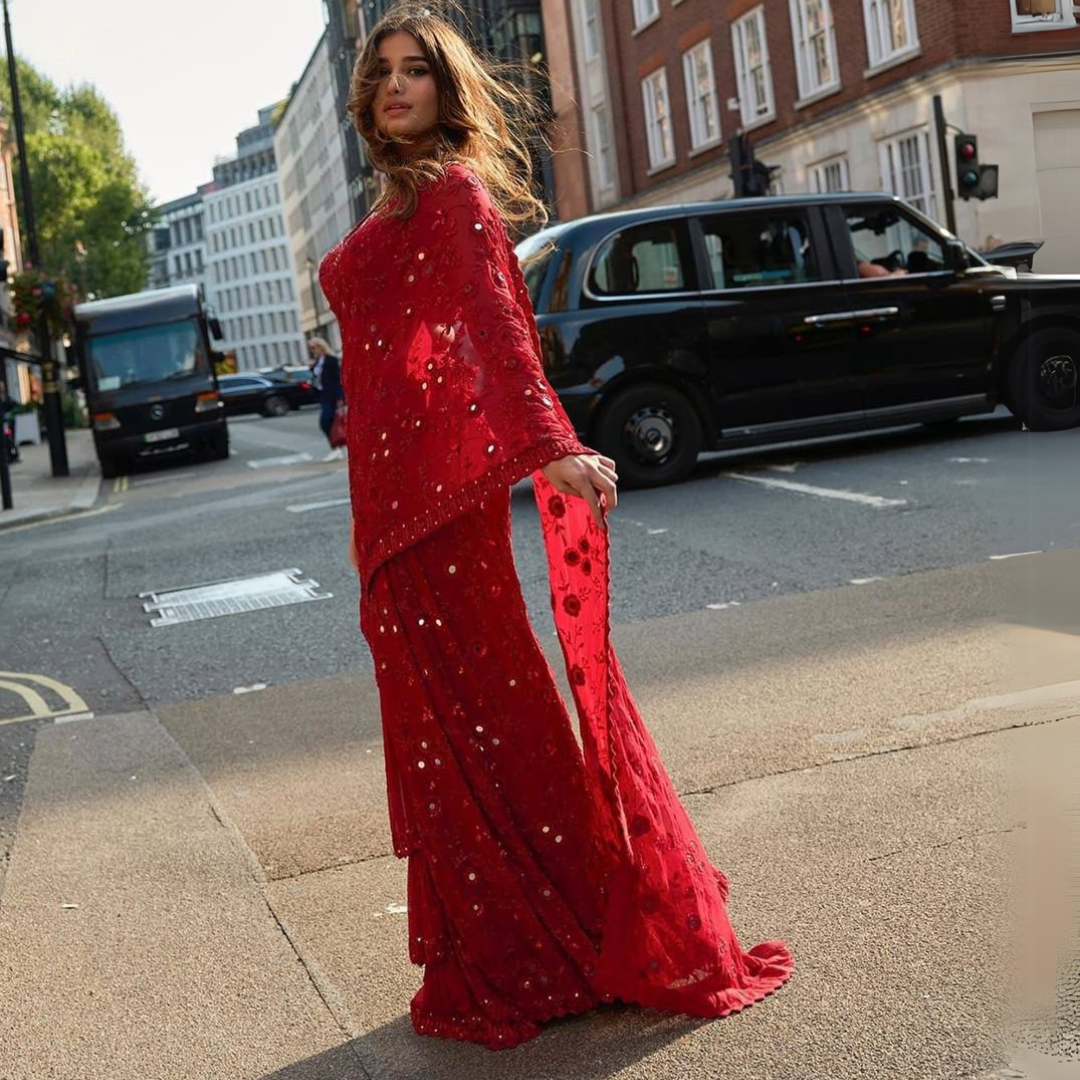 Red designer mirror work georgette saree - Image 9