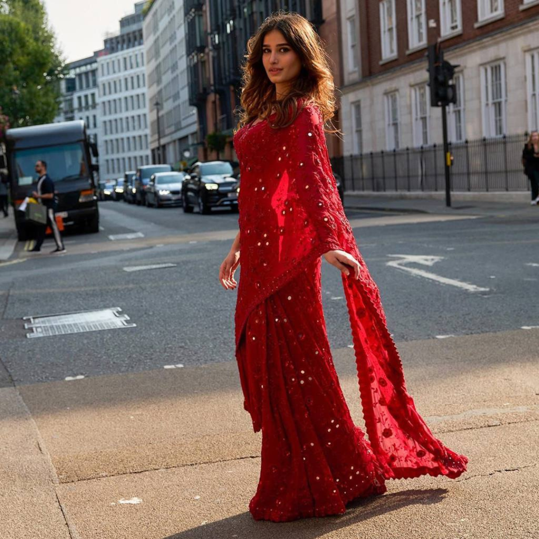 Red designer mirror work georgette saree - Image 8