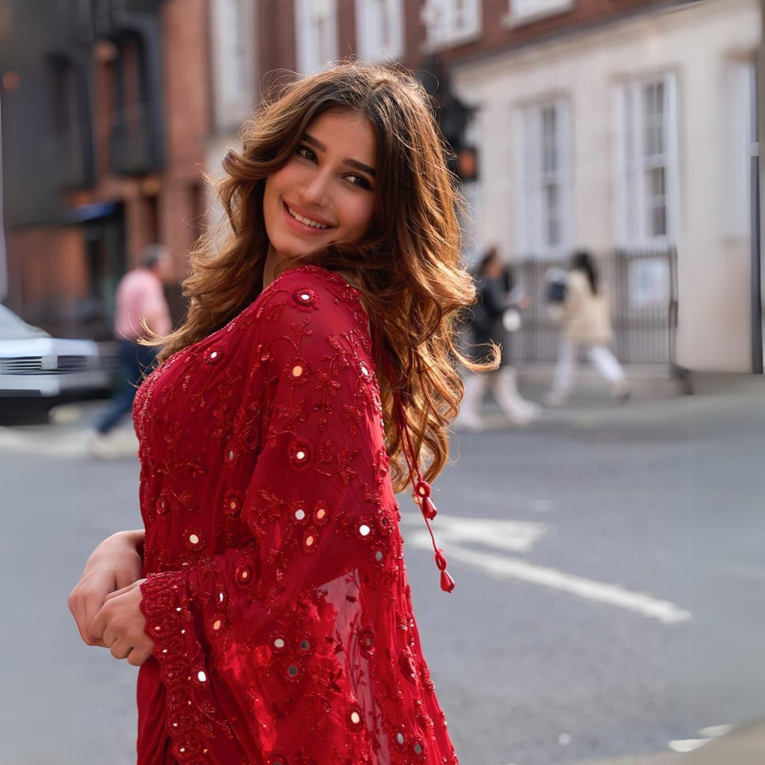 Red designer mirror work georgette saree - Image 5