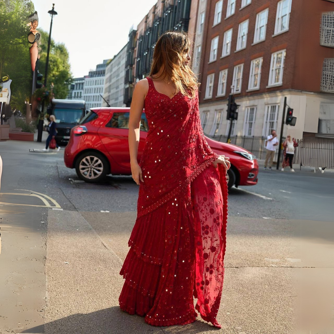 Red designer mirror work georgette saree - Image 7