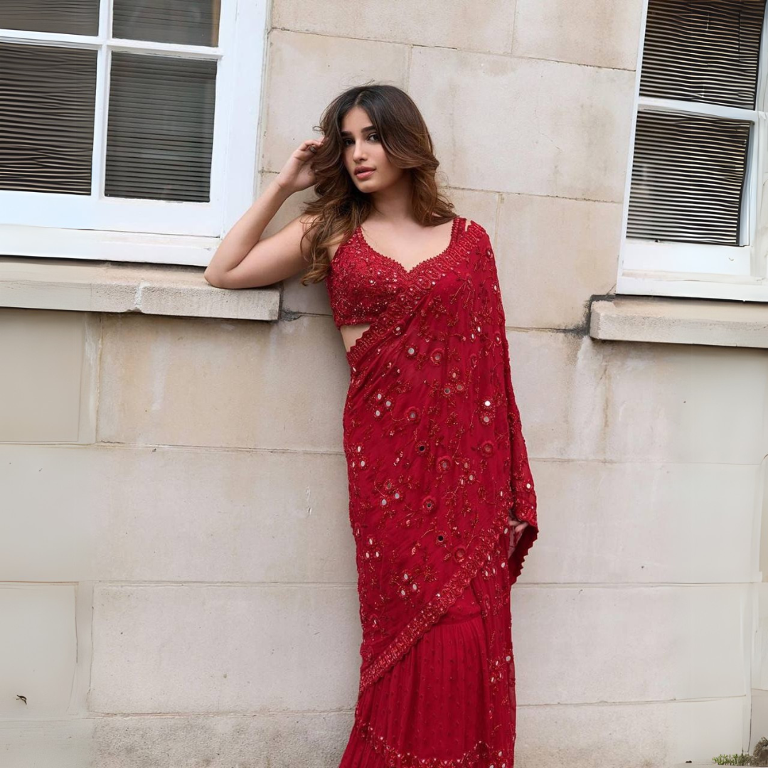 Red designer mirror work georgette saree - Image 6
