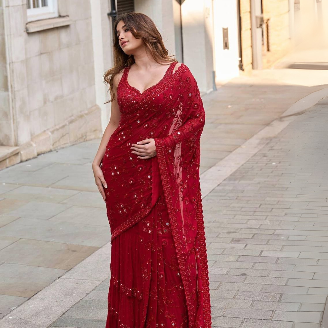 Red designer mirror work georgette saree - Image 2