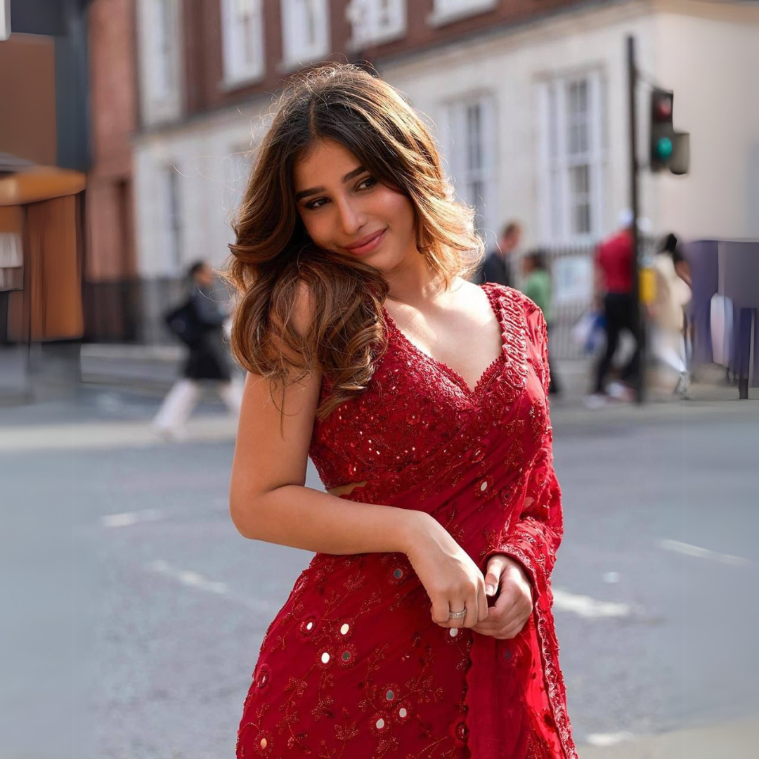 Red designer mirror work georgette saree - Image 3