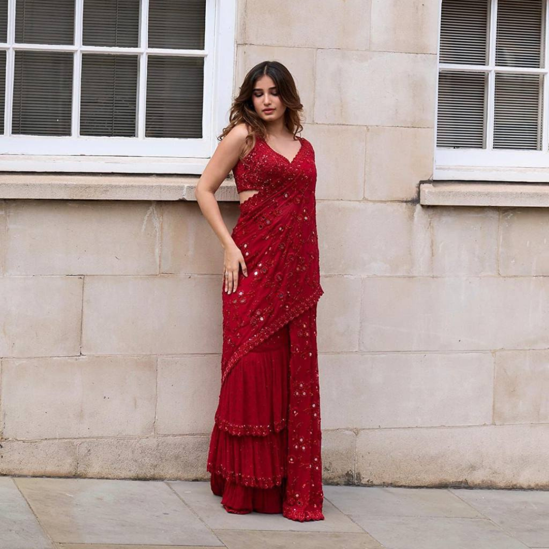 Red designer mirror work georgette saree